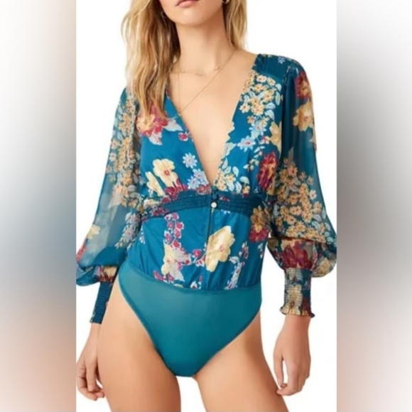 Free People Tops - FP Wanderlust Jade Floral Thong Bodysuit W/Balloon Sleeves & Cinched Back